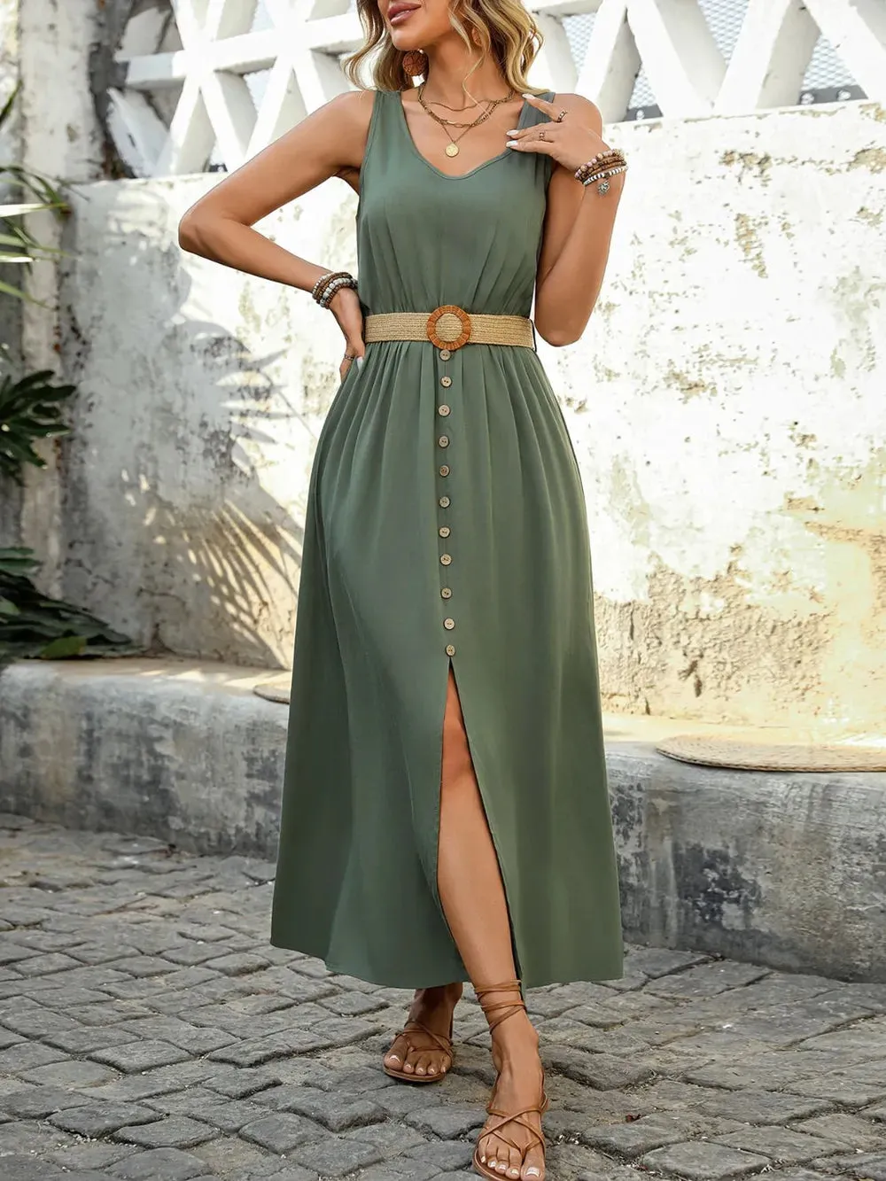 Perfee Decorative Button Slit Sleeveless Midi Dress sold by Gigi Laurent product image thumbnail 2