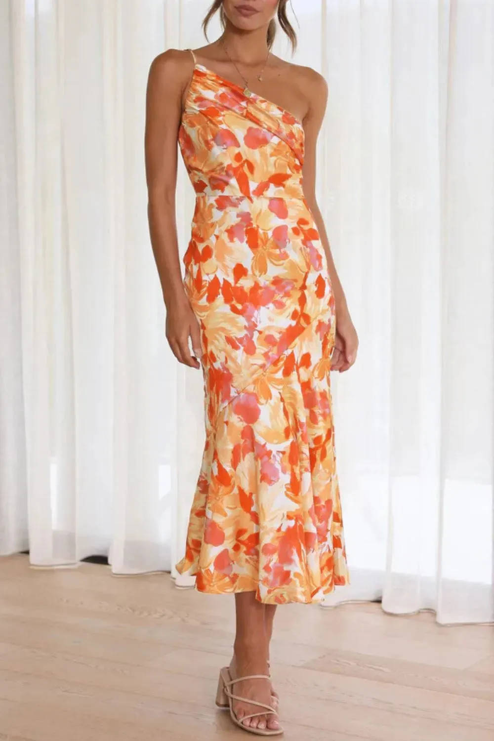 Ruched Printed Single Shoulder Midi Dress sold by Gigi Laurent