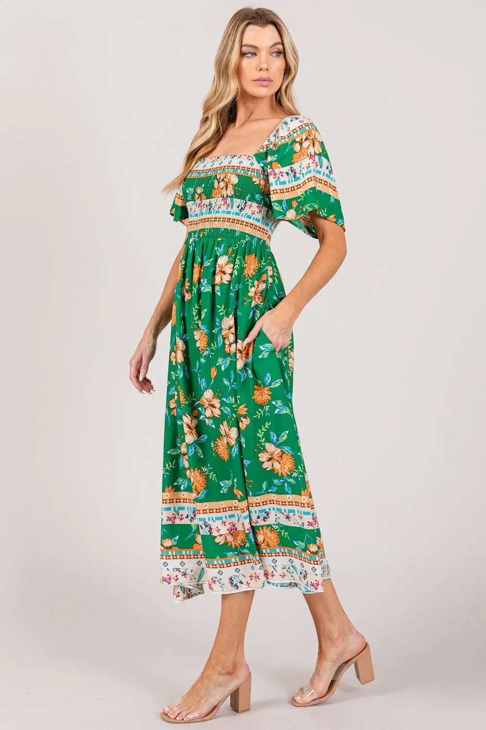 SAGE + FIG Printed Smocked Short Sleeve Midi Dress sold by Gigi Laurent product image thumbnail 4