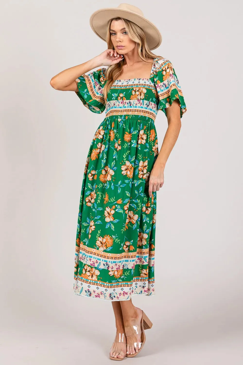 SAGE + FIG Printed Smocked Short Sleeve Midi Dress sold by Gigi Laurent product image thumbnail 5
