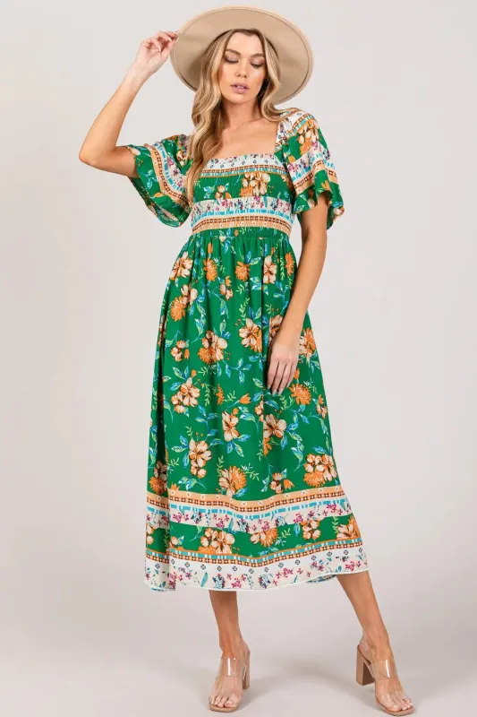 SAGE + FIG Printed Smocked Short Sleeve Midi Dress sold by Gigi Laurent