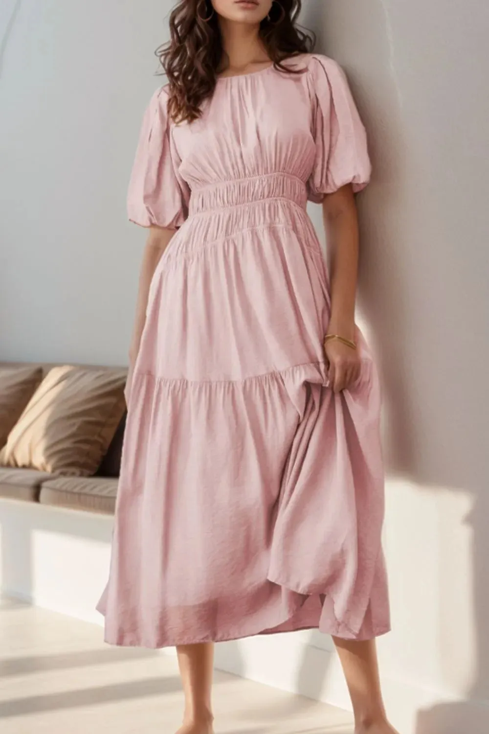 Puff Sleeve Pleated High Waist Flowy Midi Dress sold by Gigi Laurent product image thumbnail 2