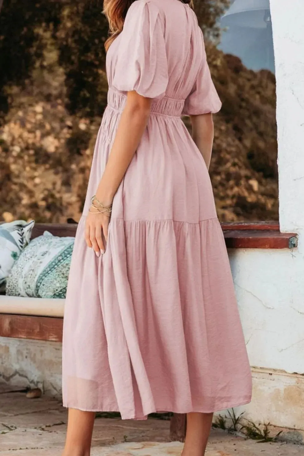 Puff Sleeve Pleated High Waist Flowy Midi Dress sold by Gigi Laurent product image thumbnail 4