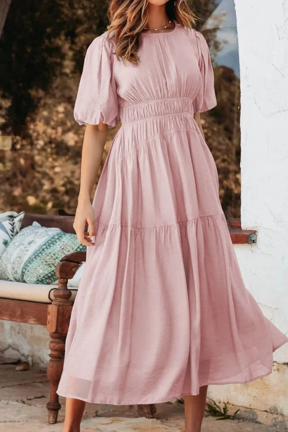 Puff Sleeve Pleated High Waist Flowy Midi Dress sold by Gigi Laurent product image thumbnail 3