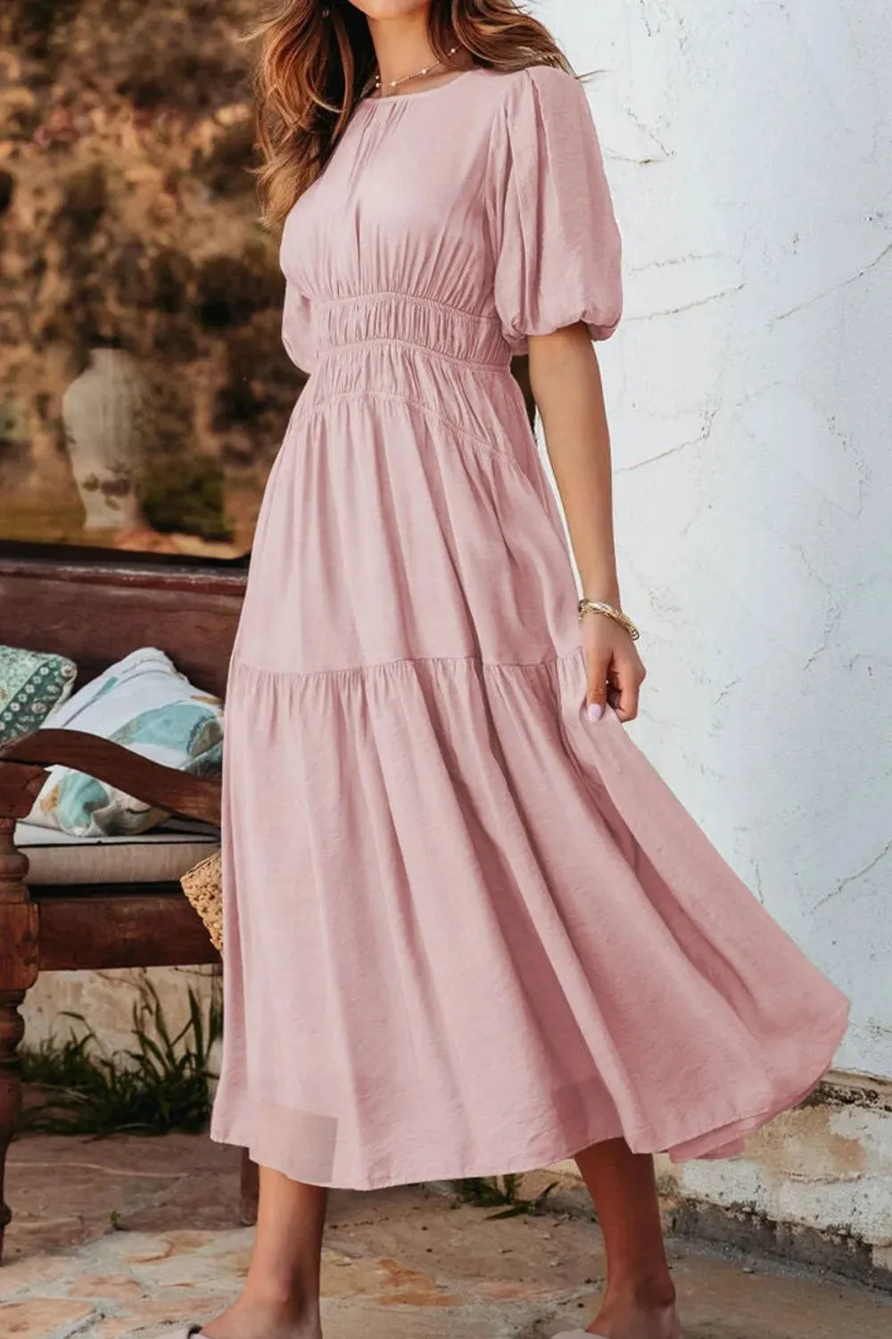 Puff Sleeve Pleated High Waist Flowy Midi Dress sold by Gigi Laurent product image thumbnail 5