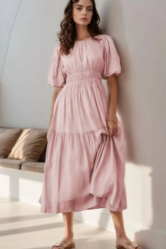 Puff Sleeve Pleated High Waist Flowy Midi Dress sold by Gigi Laurent