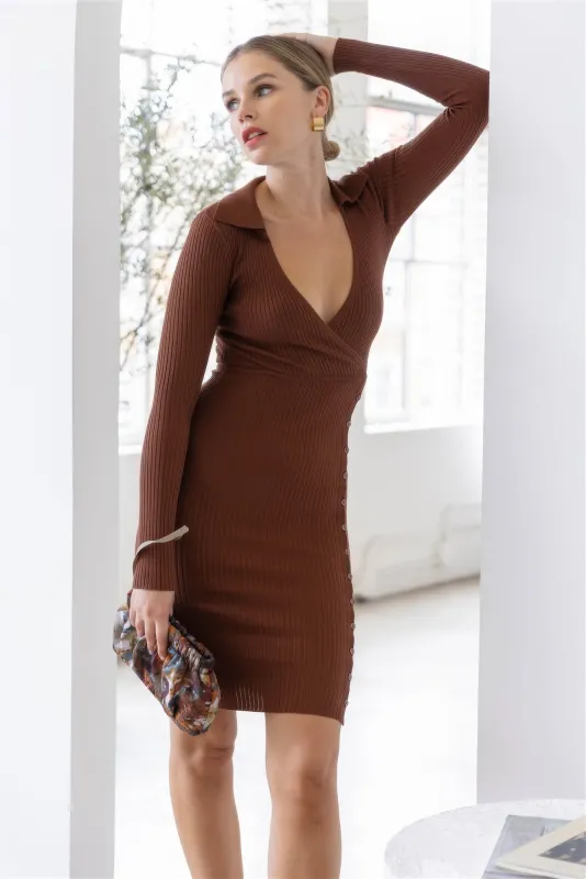 Knit Ribbed Button Up Detail Collared Long Sleeve Midi Dress sold by Gigi Laurent