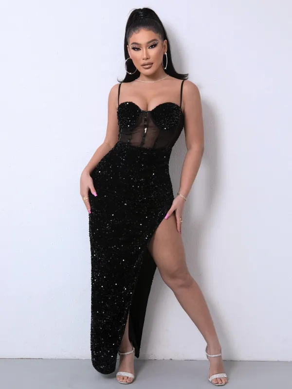 Sequin Spliced Mesh Adjustable Strap Dress sold by Gigi Laurent