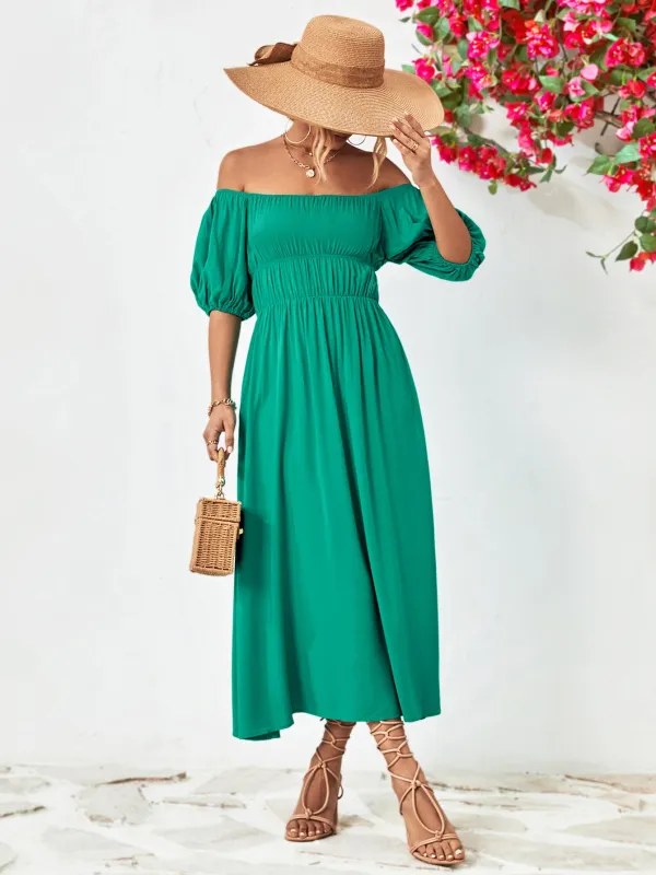 Off-Shoulder Balloon Sleeve Midi Dress sold by Gigi Laurent
