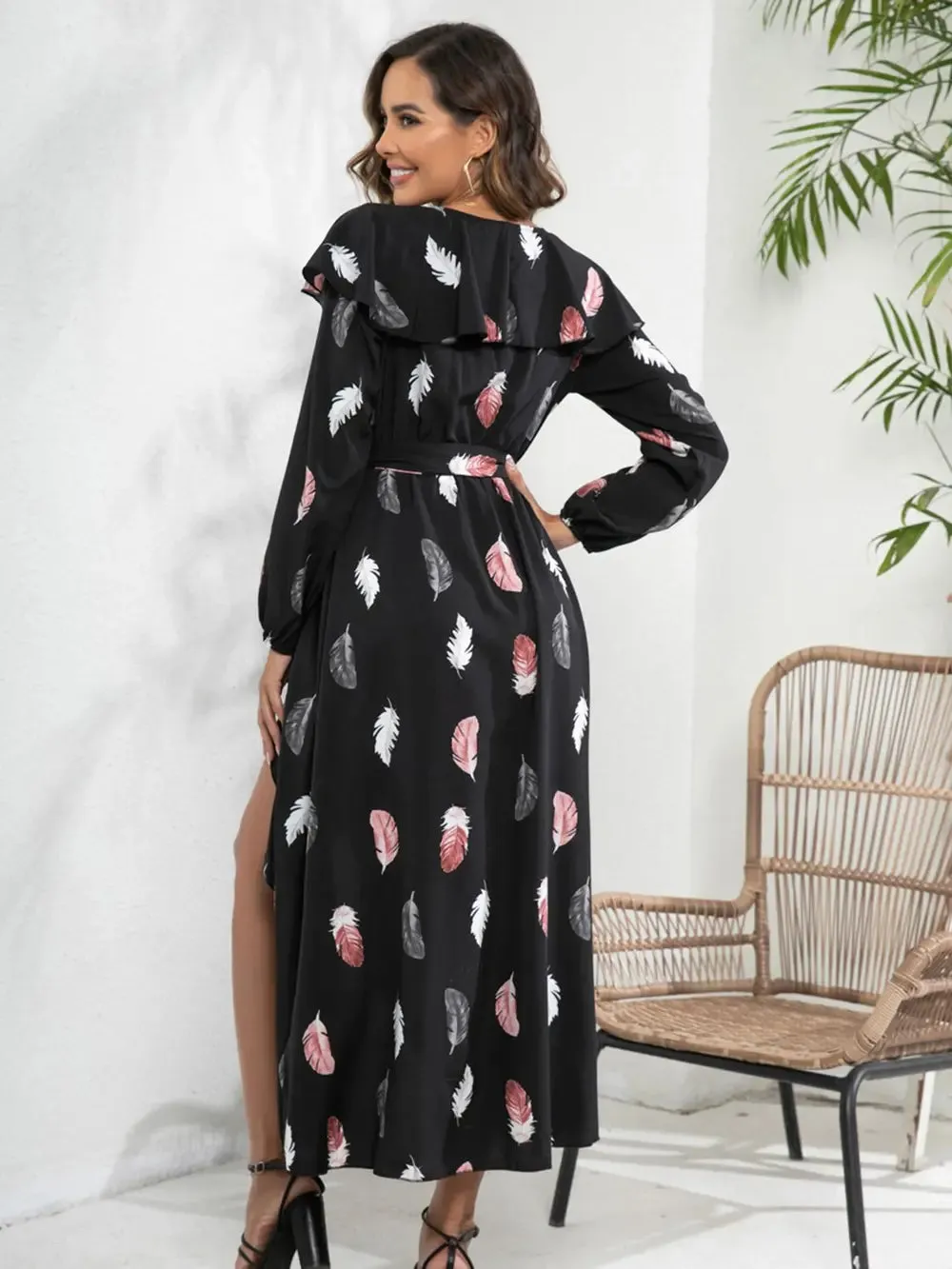 Printed Tie Front Ruffle Trim Long Sleeve Dress sold by Gigi Laurent product image thumbnail 2
