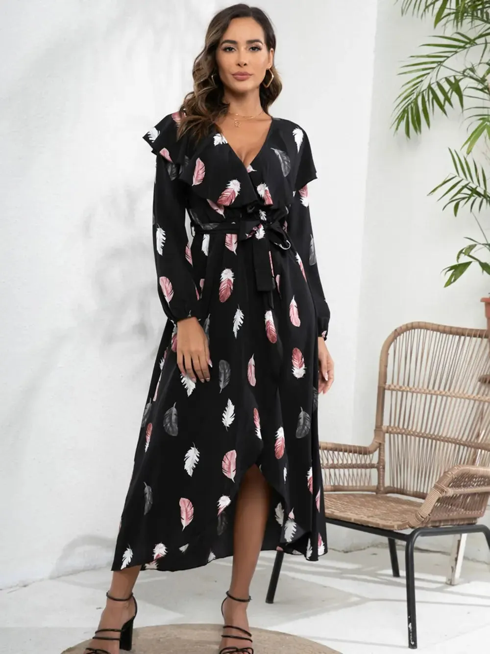 Printed Tie Front Ruffle Trim Long Sleeve Dress sold by Gigi Laurent