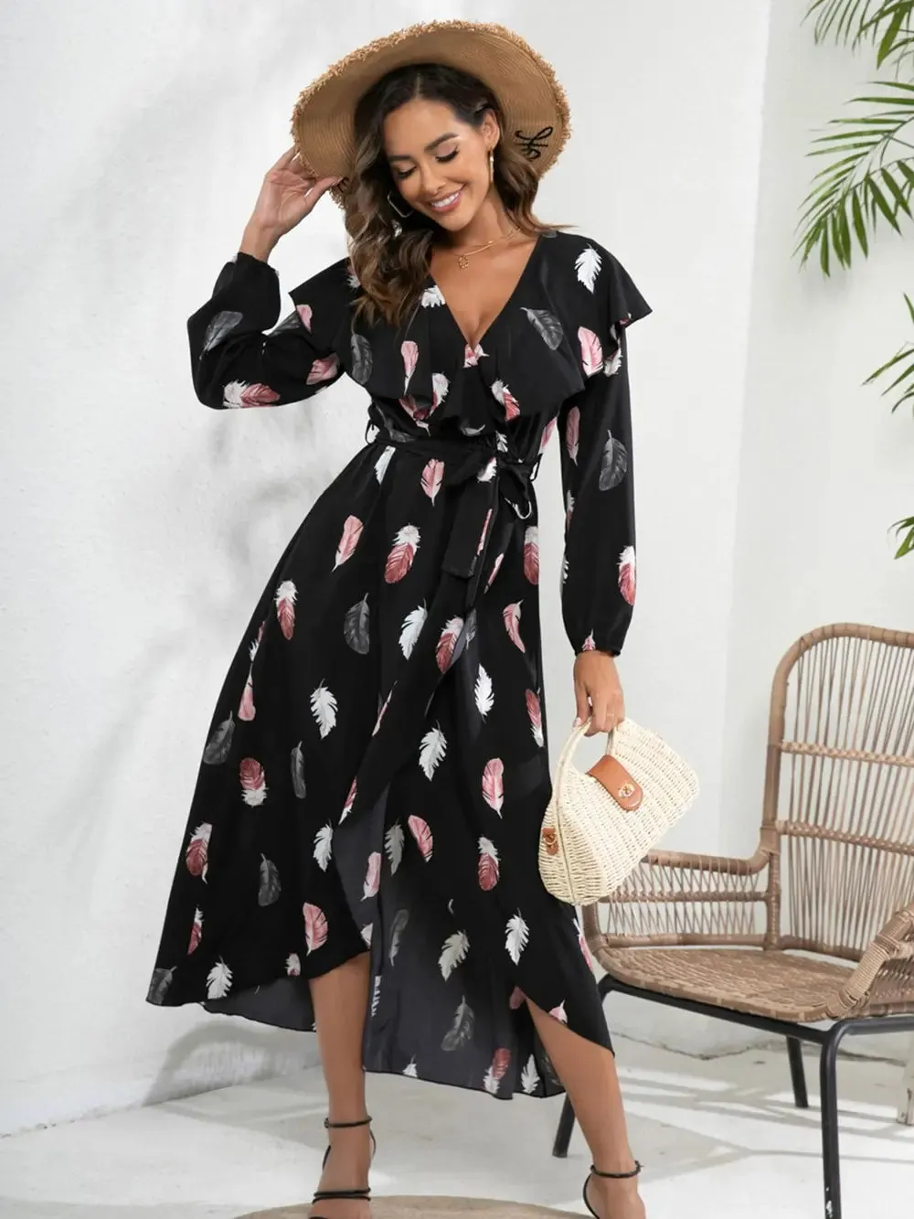 Printed Tie Front Ruffle Trim Long Sleeve Dress sold by Gigi Laurent product image thumbnail 4