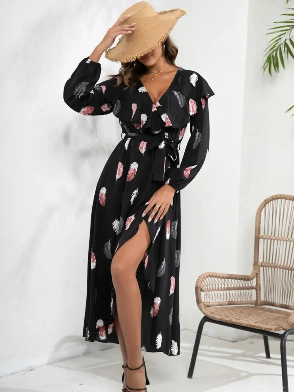 Printed Tie Front Ruffle Trim Long Sleeve Dress sold by Gigi Laurent product image thumbnail 5