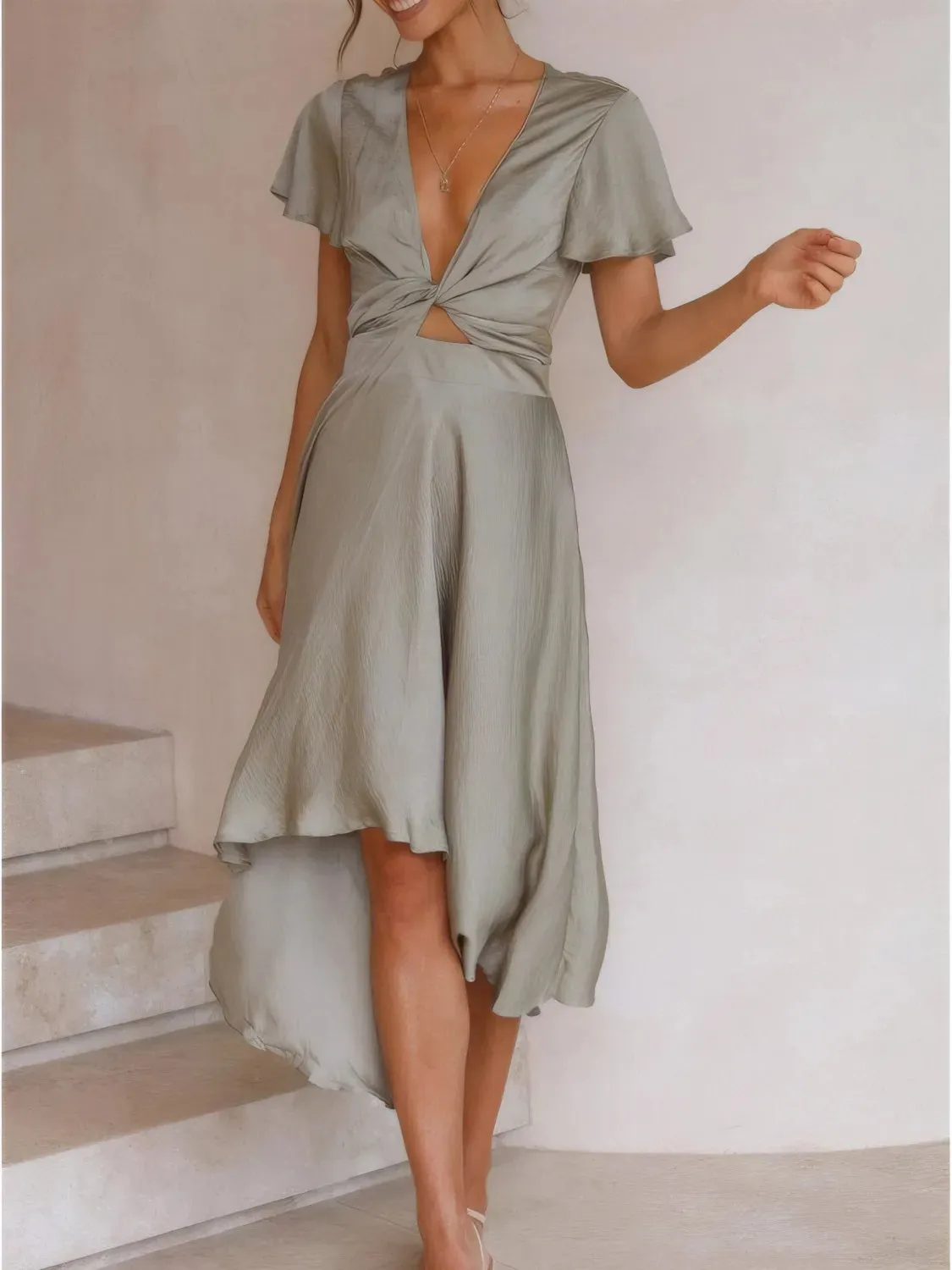 High-Low Plunge Flutter Sleeve Dress sold by Gigi Laurent product image thumbnail 4