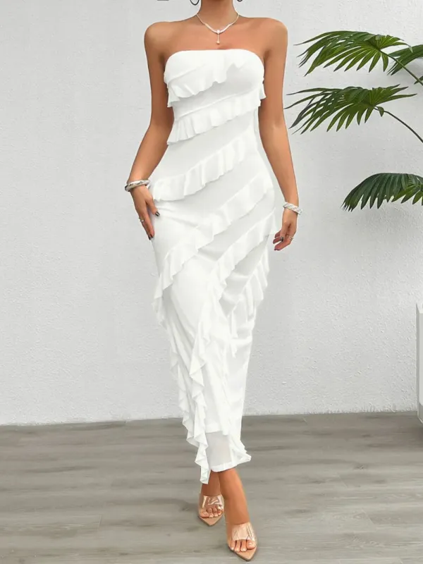 Devine Ruffled Slit Back Tube Maxi Dress sold by Gigi Laurent
