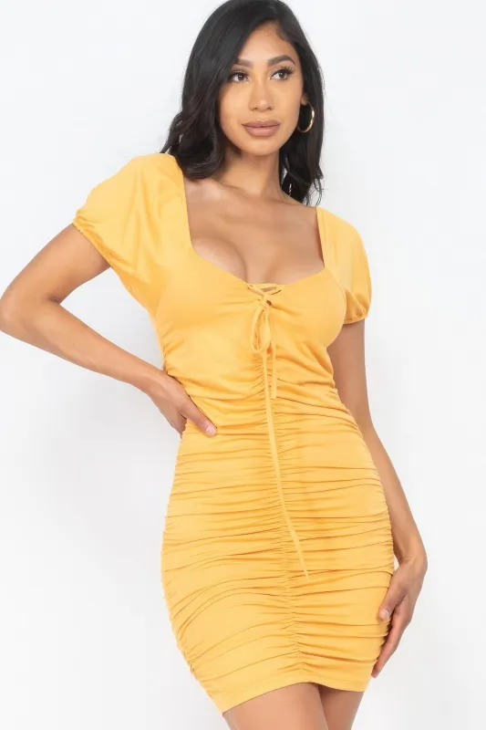 Front Lace Up Ruched Mini Dress sold by Gigi Laurent