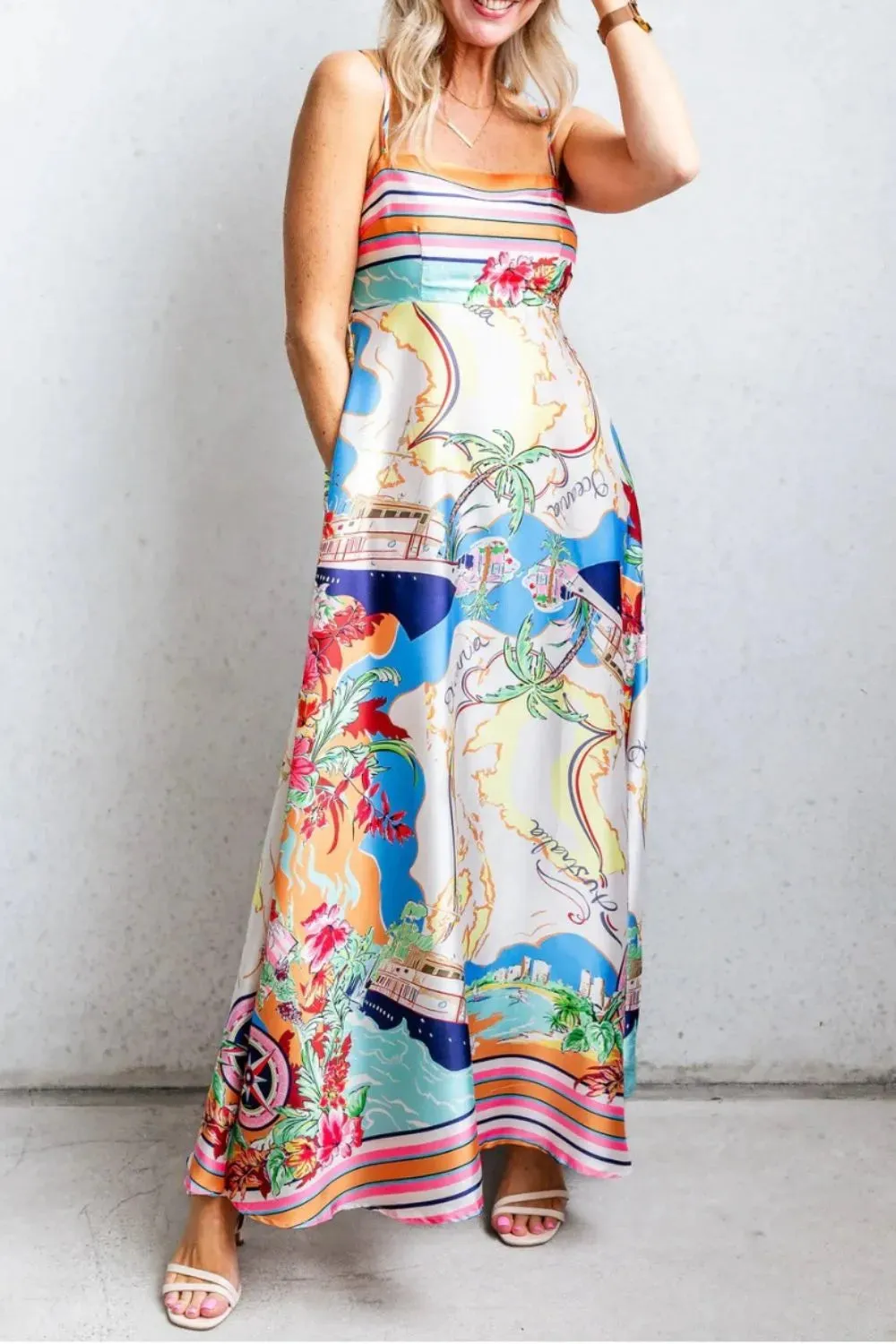 Smocked Back Printed Square Neck Maxi Cami Dress with Pockets sold by Gigi Laurent