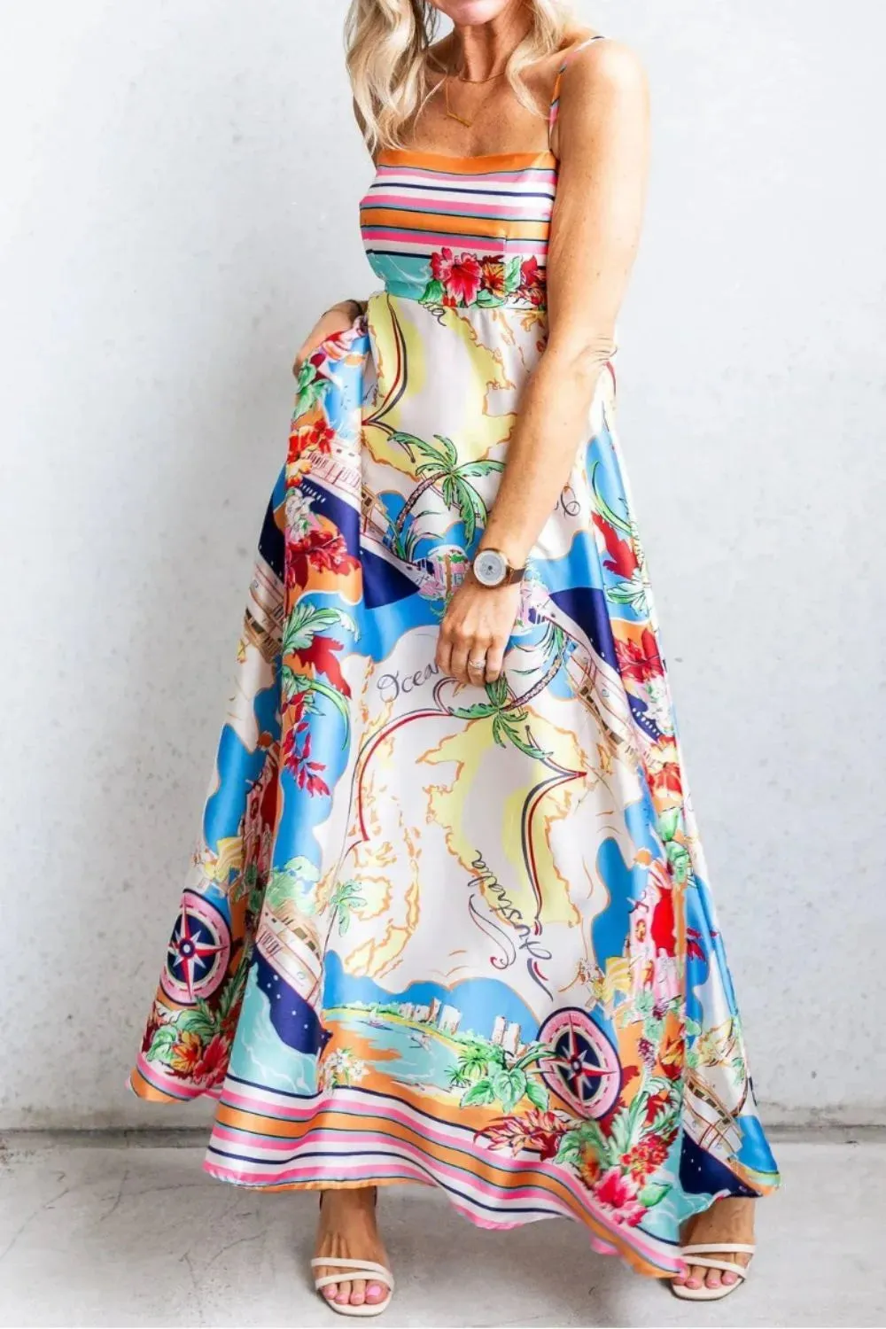 Smocked Back Printed Square Neck Maxi Cami Dress with Pockets sold by Gigi Laurent product image thumbnail 3