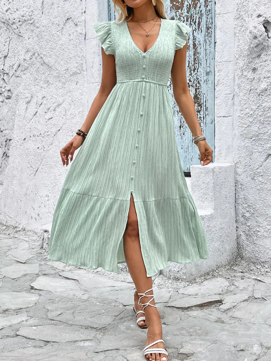 V-Neck Ruffled Cap Sleeve Dress sold by Gigi Laurent