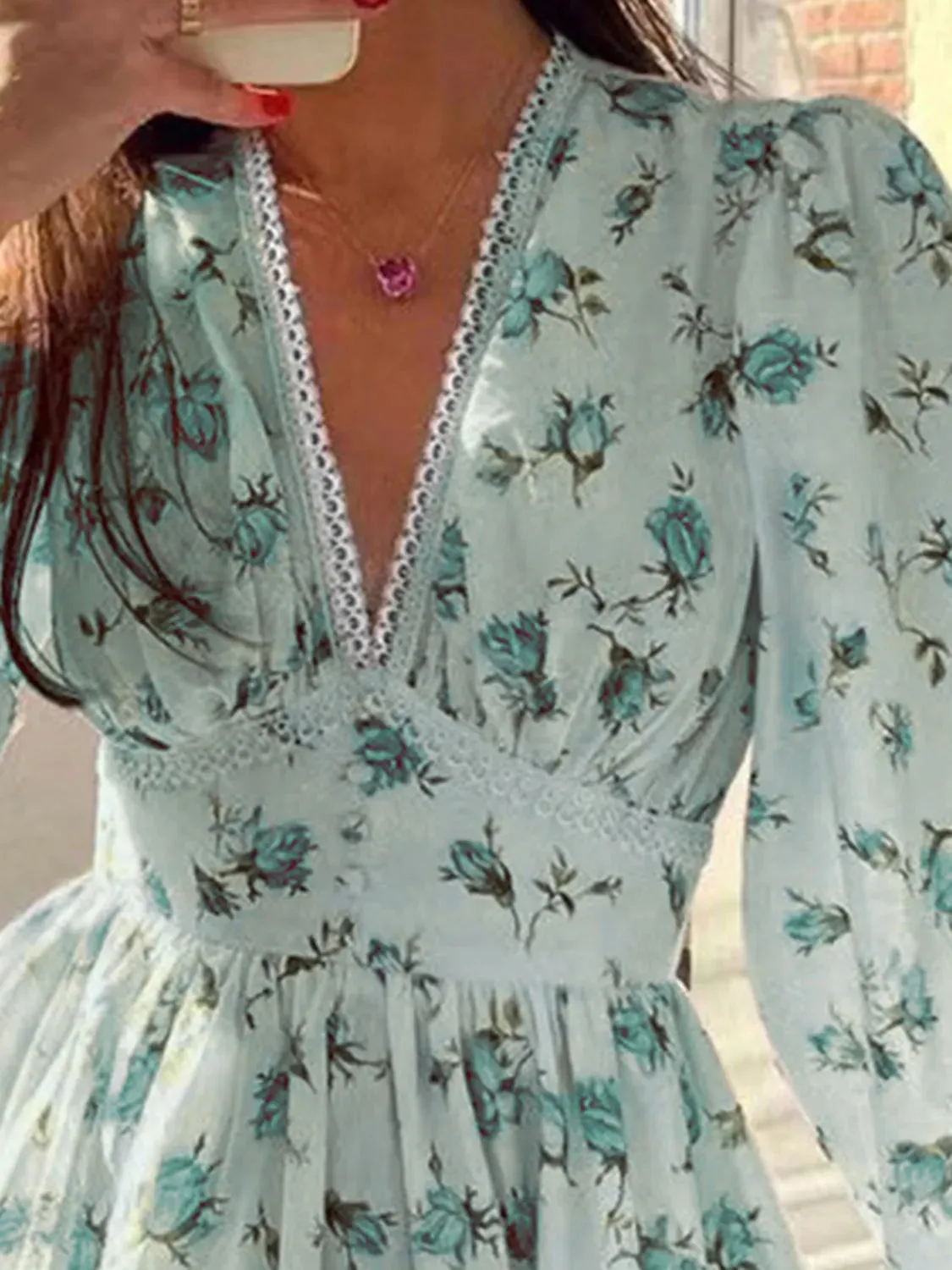 Lace Detail V-Neck Balloon Sleeve Dress sold by Gigi Laurent product image thumbnail 5