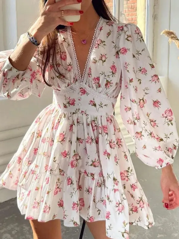 Lace Detail V-Neck Balloon Sleeve Dress sold by Gigi Laurent