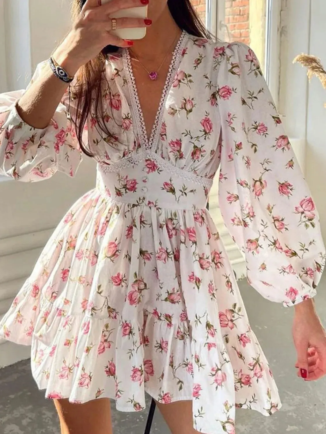 Lace Detail V-Neck Balloon Sleeve Dress sold by Gigi Laurent