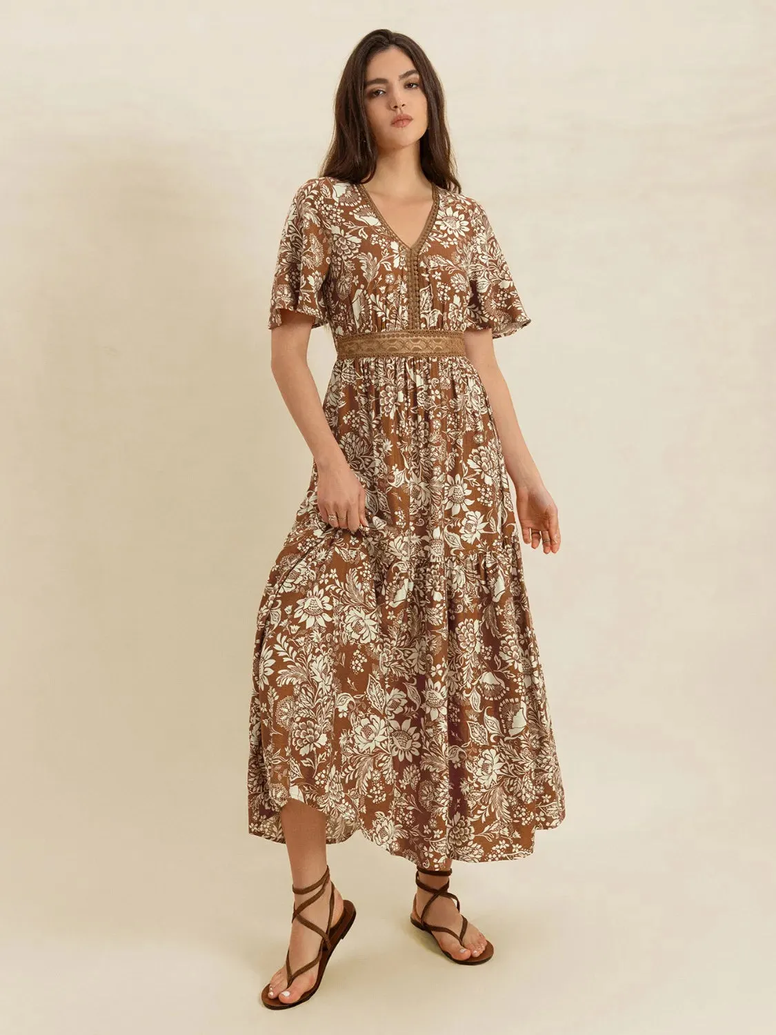 Lace Detail Printed Short Sleeve Midi Dress sold by Gigi Laurent