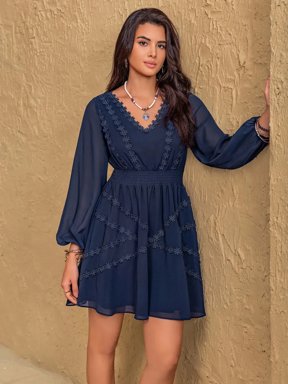 Lace Detail V-Neck Balloon Sleeve Mini Dress sold by Gigi Laurent product image thumbnail 4