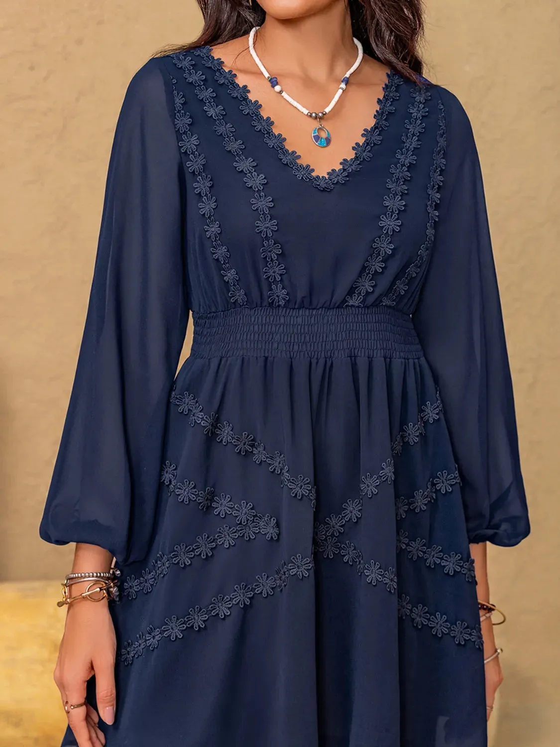 Lace Detail V-Neck Balloon Sleeve Mini Dress sold by Gigi Laurent product image thumbnail 5