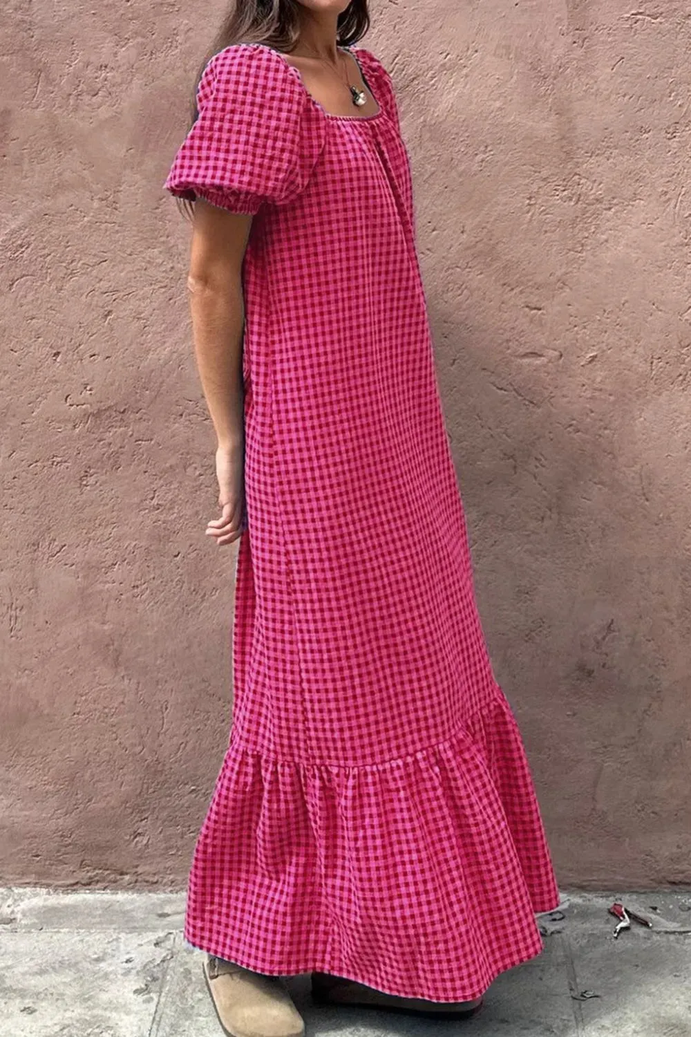 SYNZ Gingham Check Bubble Sleeve Ruffled Maxi Dress sold by Gigi Laurent product image thumbnail 4