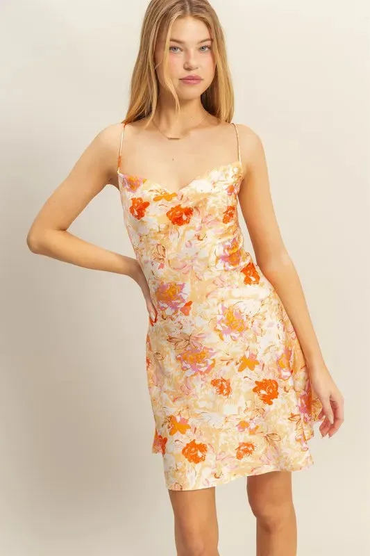 HYFVE Floral Cowl Neck Flirty Satin Mini Dress sold by Gigi Laurent