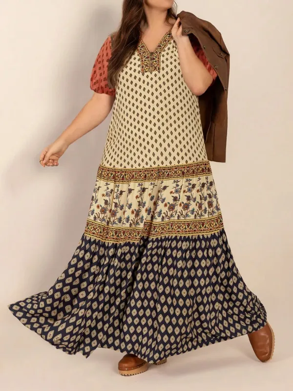 Plus Size Ruched Printed Short Sleeve Midi Dress sold by Gigi Laurent