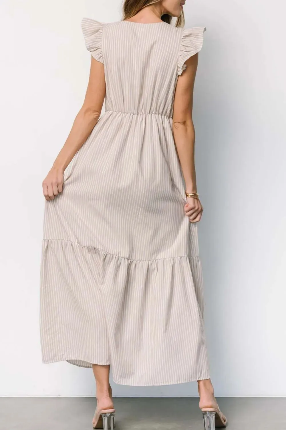 Slit Striped V-Neck Ruffled Cap Sleeve Dress sold by Gigi Laurent product image thumbnail 4