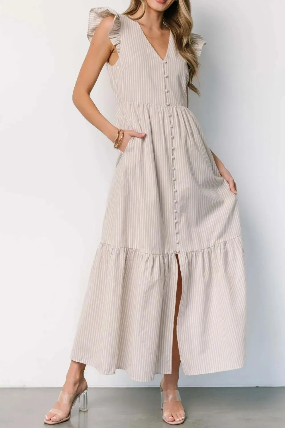 Slit Striped V-Neck Ruffled Cap Sleeve Dress sold by Gigi Laurent product image thumbnail 2