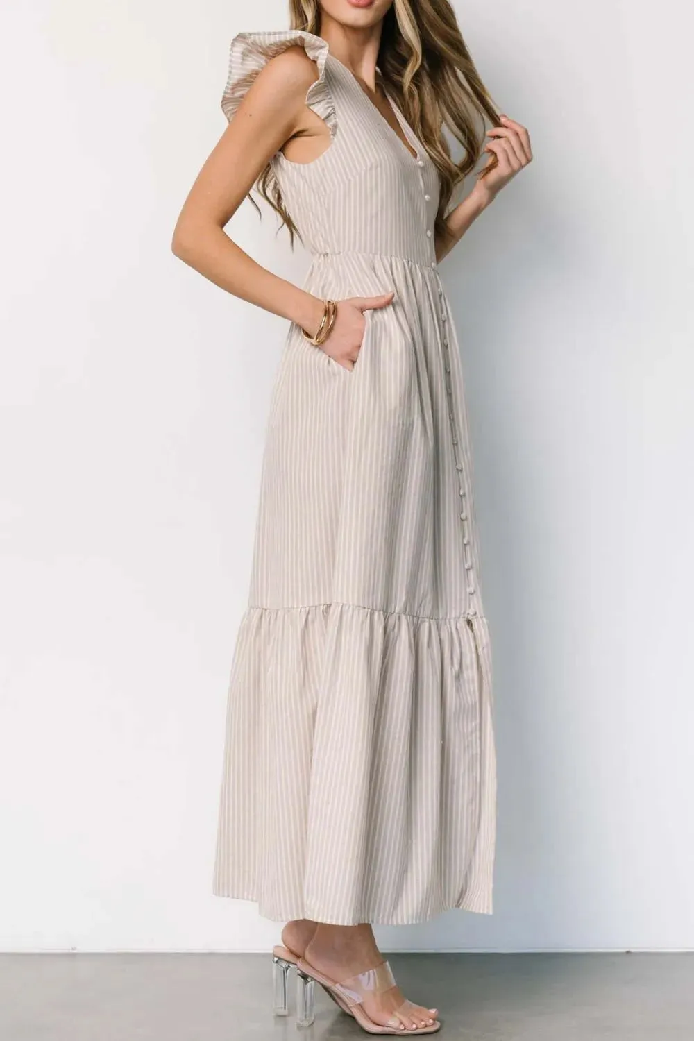 Slit Striped V-Neck Ruffled Cap Sleeve Dress sold by Gigi Laurent product image thumbnail 3