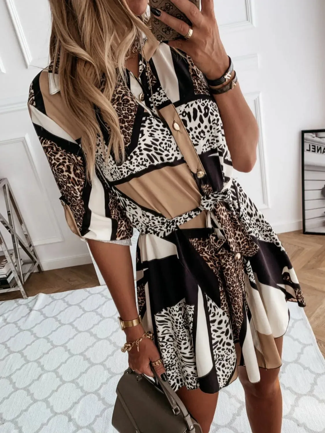 Printed Tie Waist Roll-Tab Sleeve Mini Dress sold by Gigi Laurent product image thumbnail 3