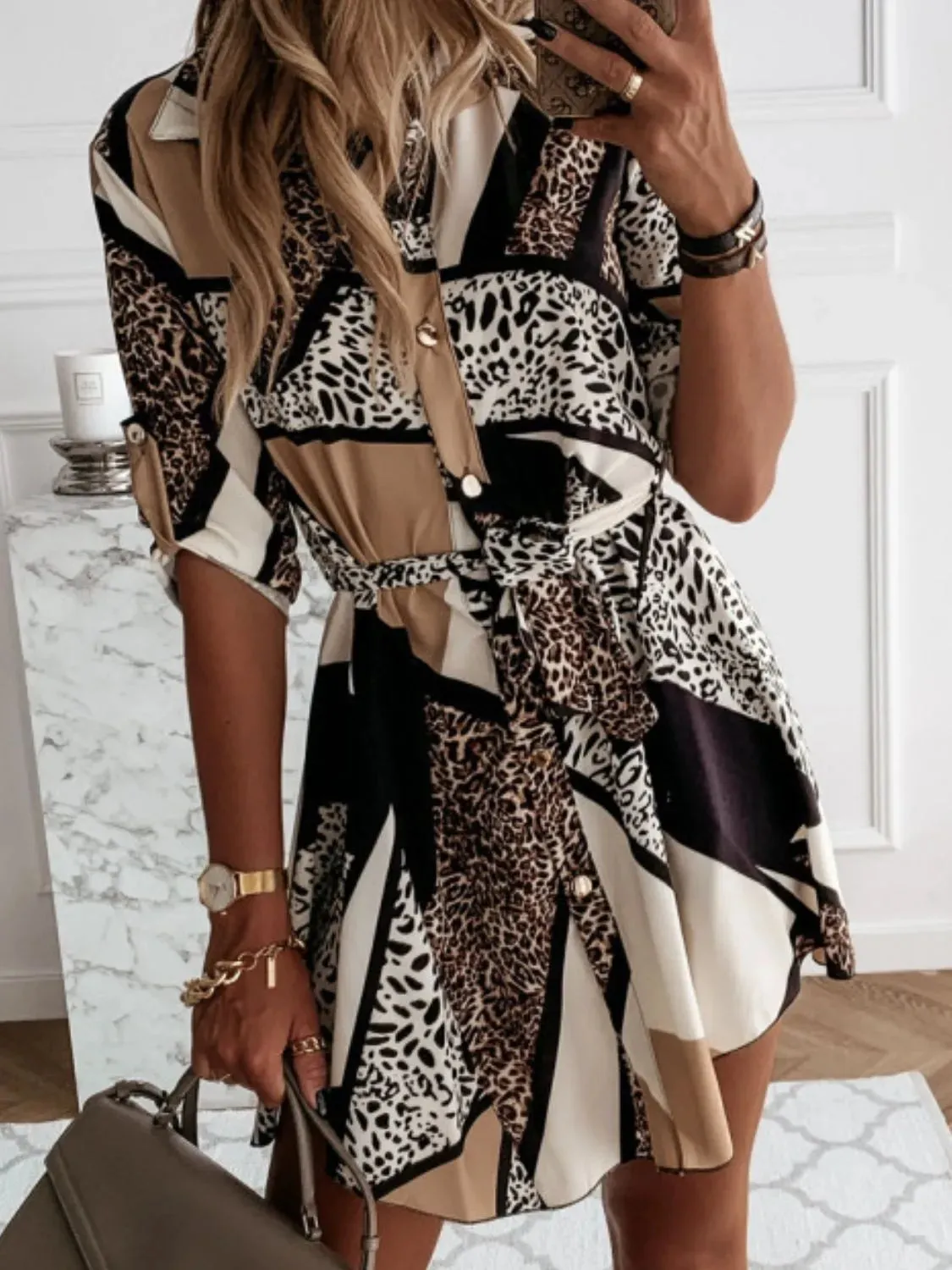 Printed Tie Waist Roll-Tab Sleeve Mini Dress sold by Gigi Laurent