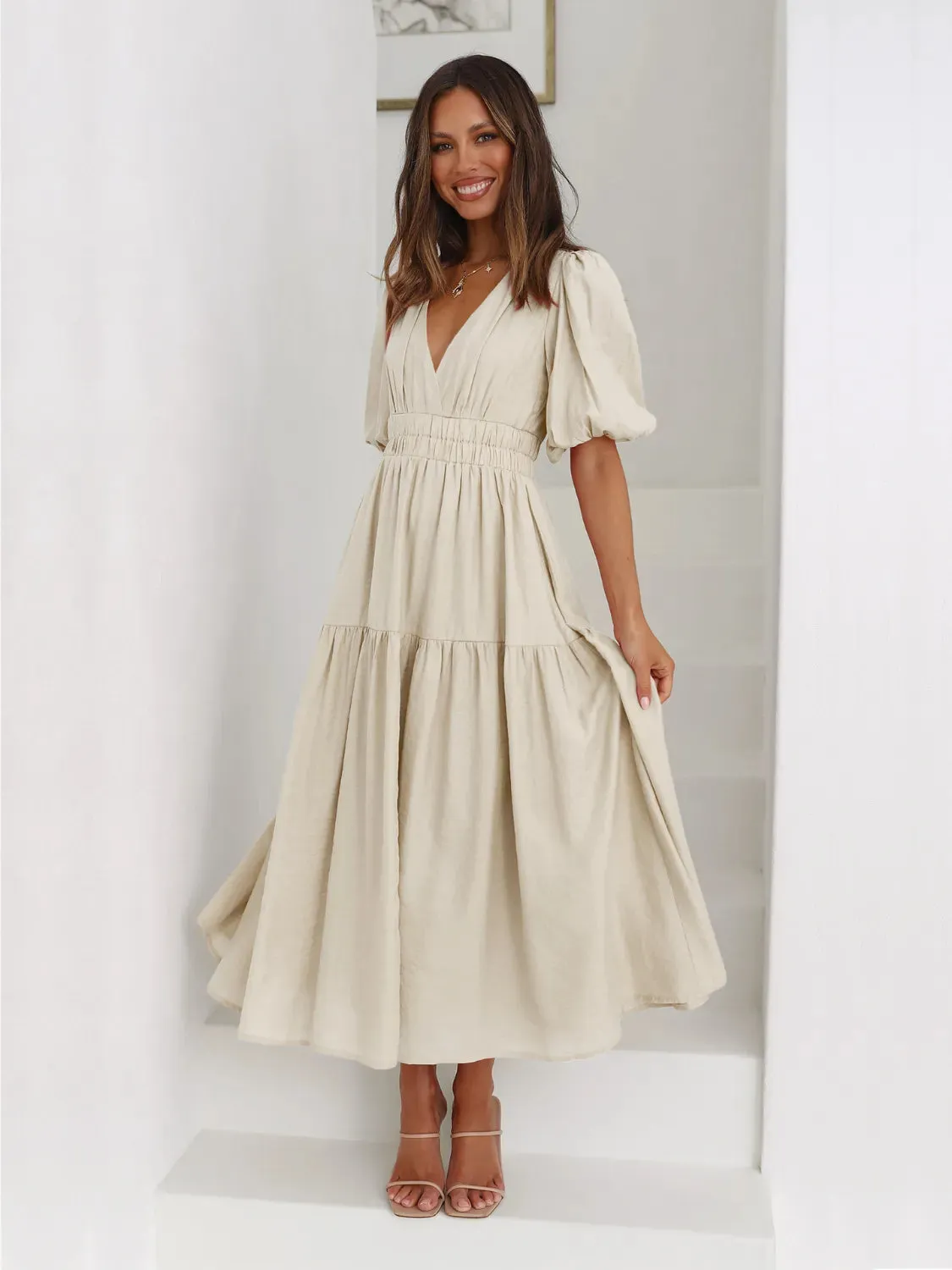 Tiered Surplice Half Sleeve Midi Dress sold by Gigi Laurent