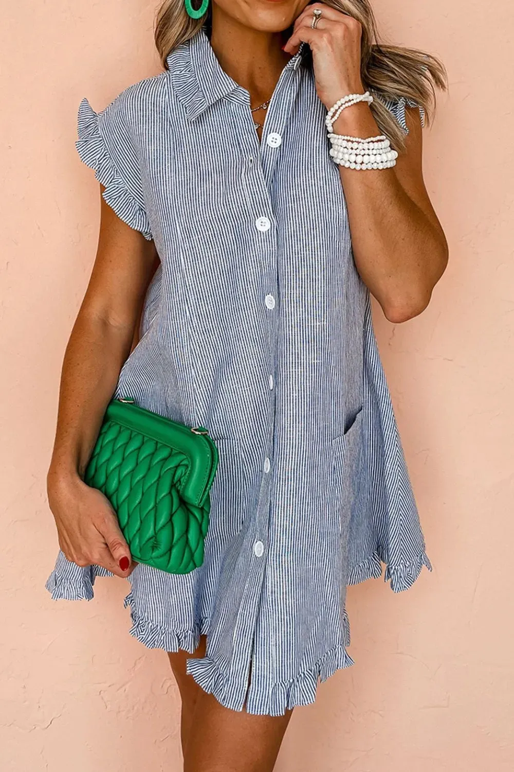 Stripe Frilled Ruffled Cap Sleeve Button Up Mini Dress sold by Gigi Laurent product image thumbnail 4