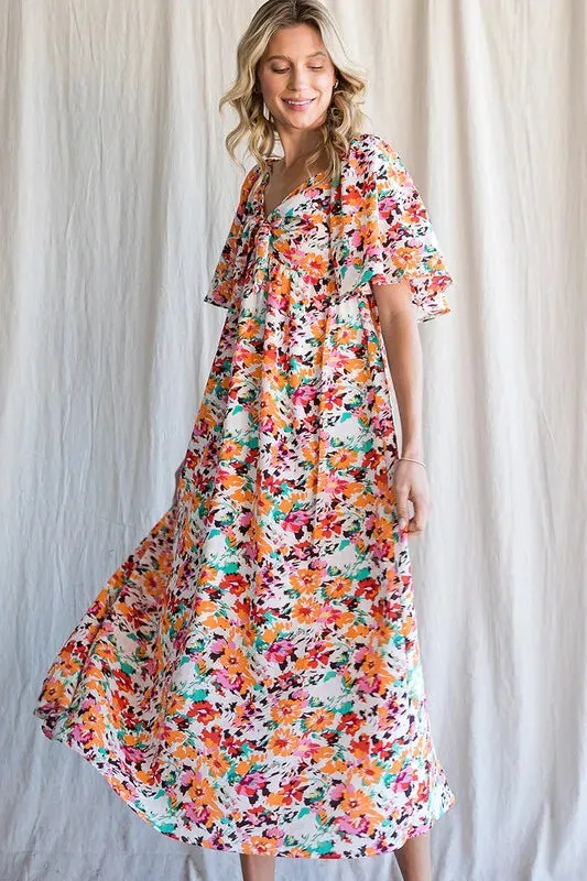 Lime 'N' Chili Floral Print Sweetheart Neck Tie Front Midi Dress sold by Gigi Laurent product image thumbnail 3