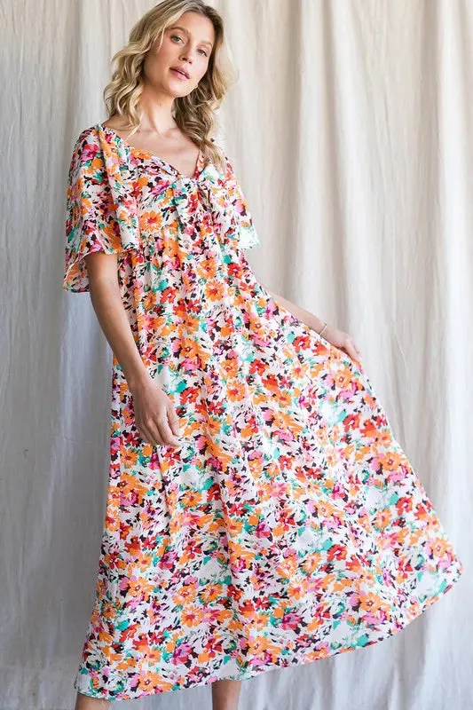 Lime 'N' Chili Floral Print Sweetheart Neck Tie Front Midi Dress sold by Gigi Laurent product image thumbnail 4