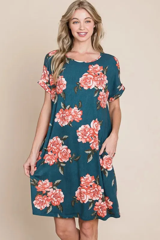 BOMBOM Floral Round Neck Short Tee Dress with Pockets sold by Gigi Laurent