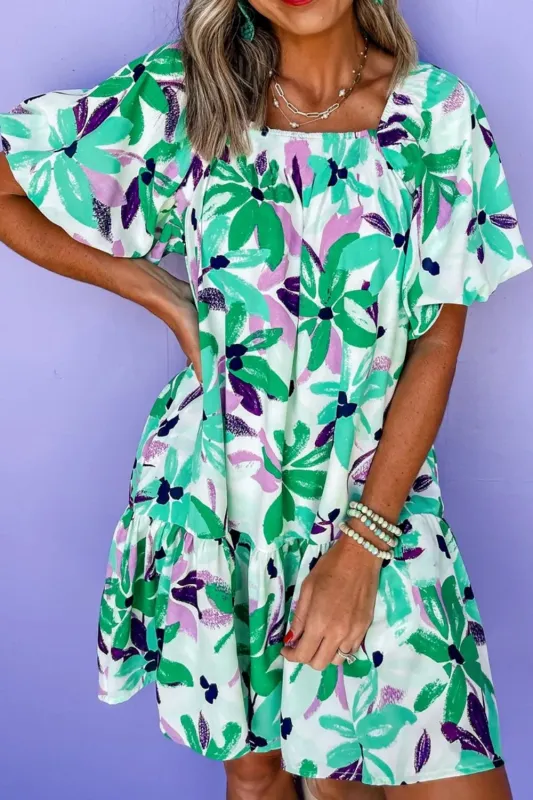 Floral Print Shirred Square Neck Loose Fit Mini Dress sold by Gigi Laurent