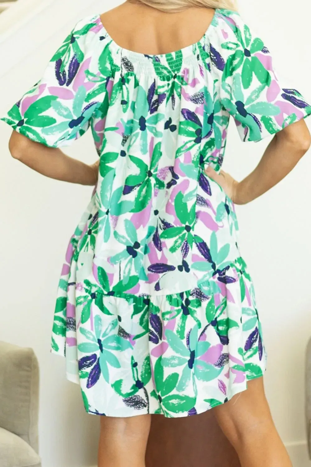 Floral Print Shirred Square Neck Loose Fit Mini Dress sold by Gigi Laurent product image thumbnail 5