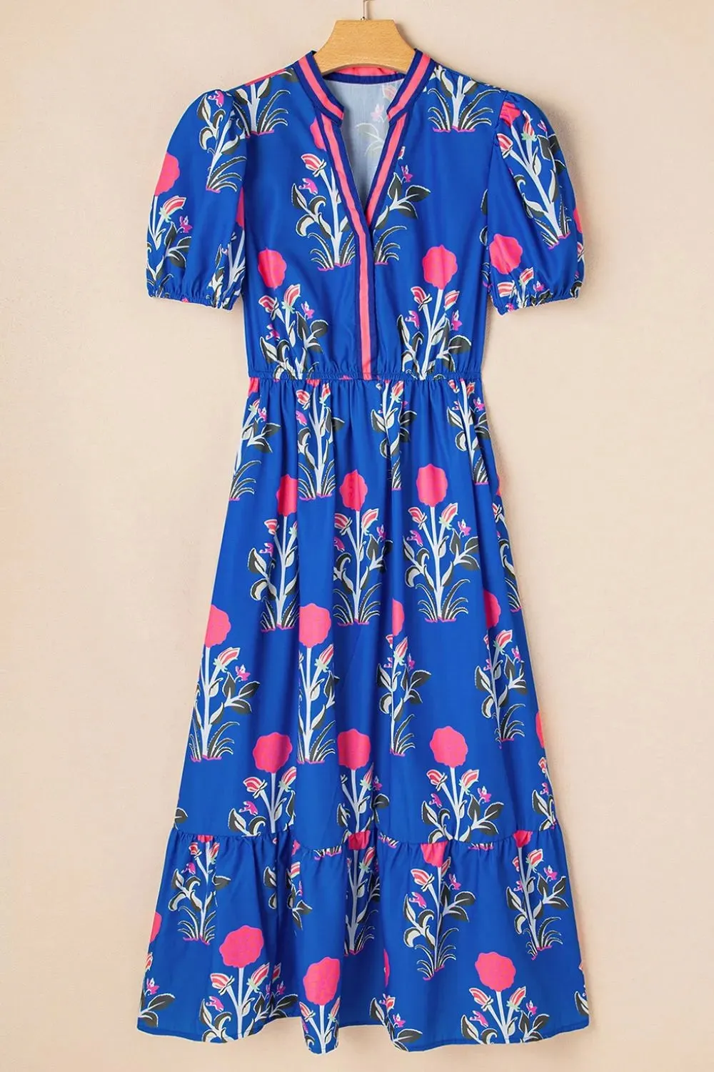 Floral Puff Short Sleeve Notched High Waist Dress sold by Gigi Laurent product image thumbnail 4