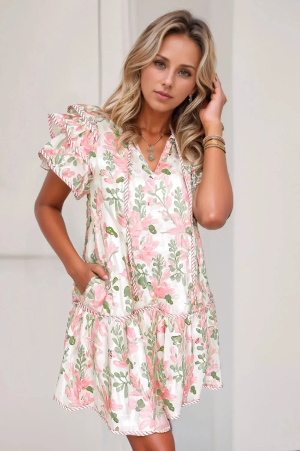Floral Contrast Edge Layered Short Sleeve Mini Dress sold by Gigi Laurent