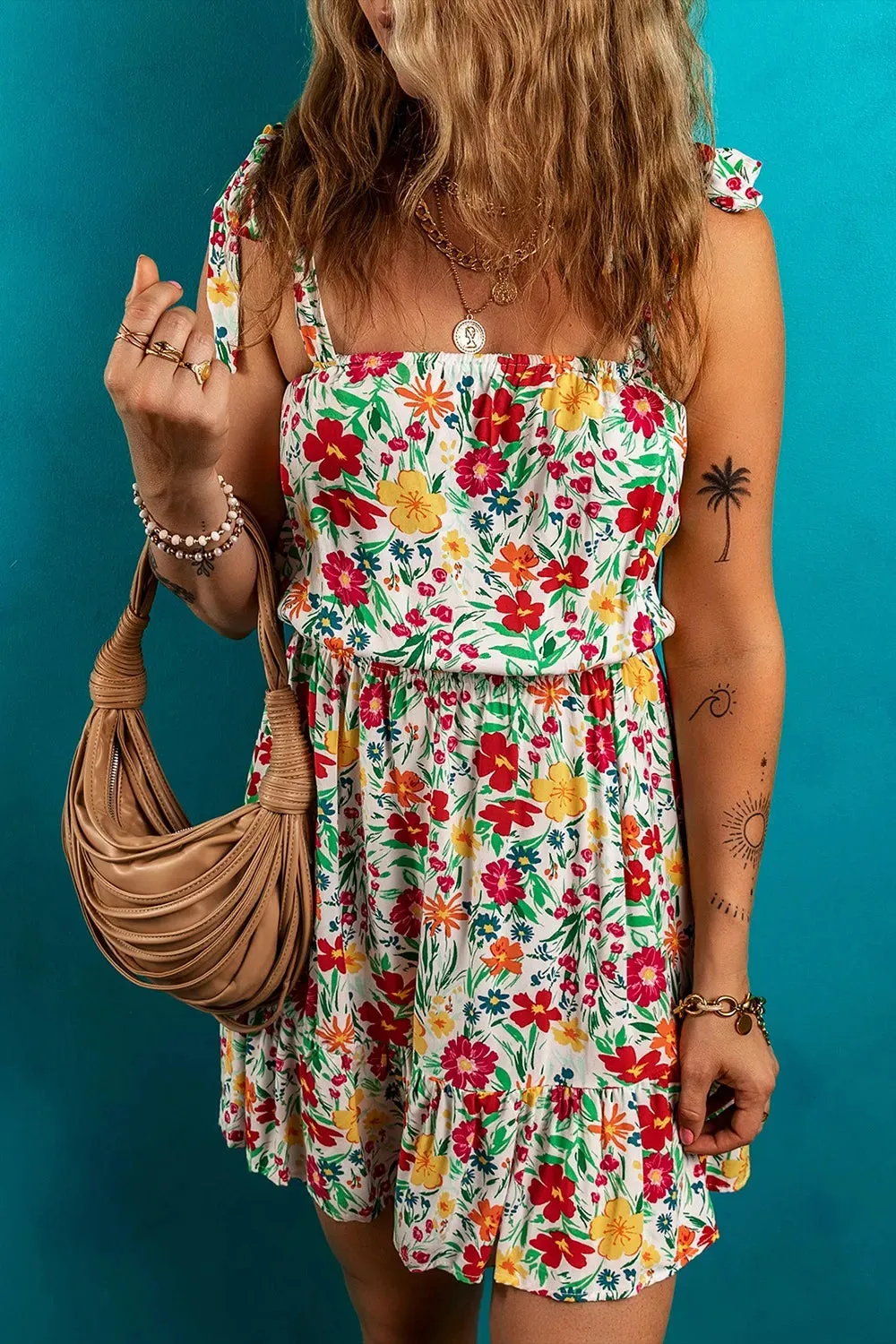 Floral Knotted Straps Cinched Waist Ruffle Hem Mini Dress sold by Gigi Laurent product image thumbnail 4
