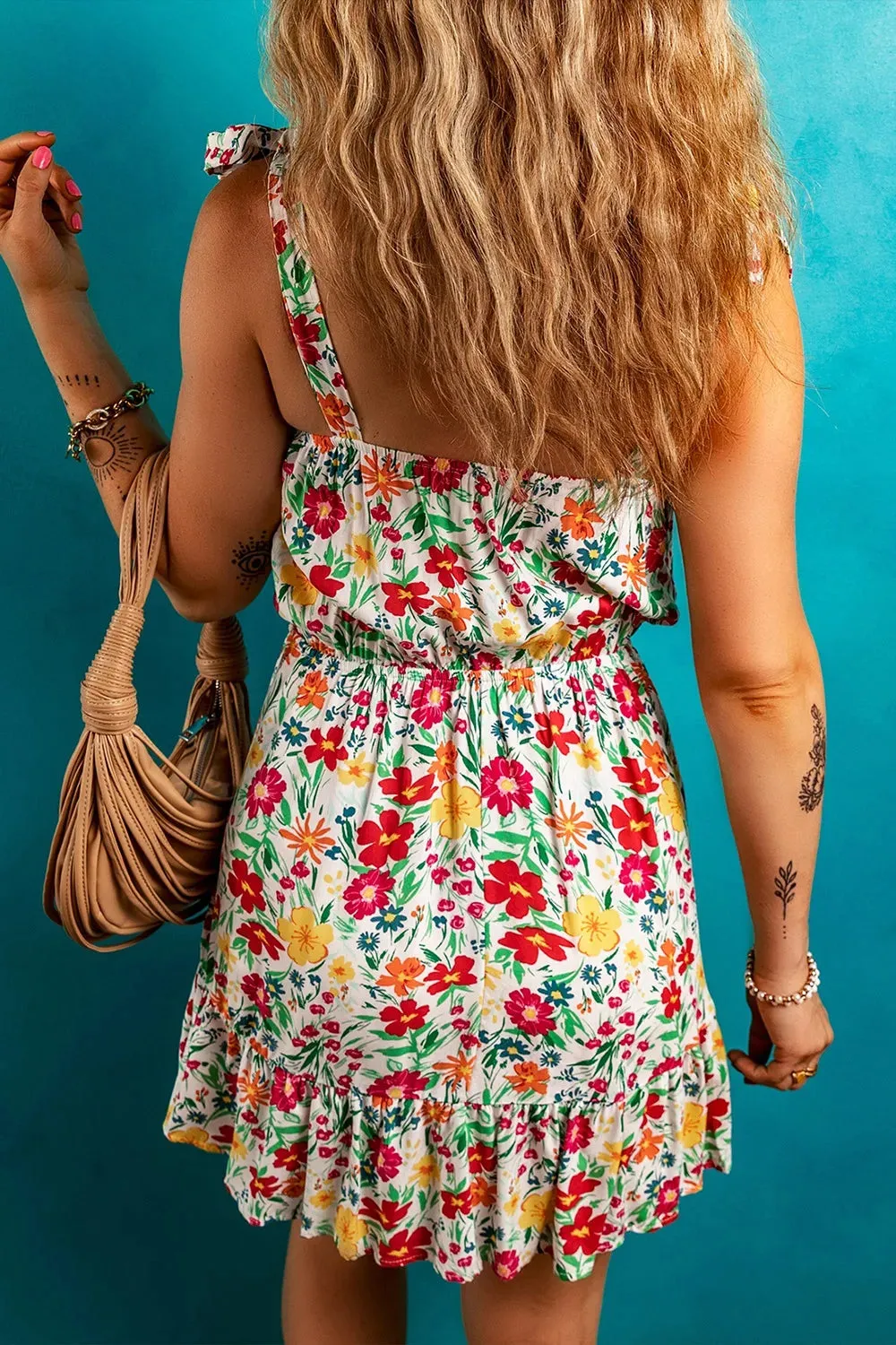 Floral Knotted Straps Cinched Waist Ruffle Hem Mini Dress sold by Gigi Laurent product image thumbnail 2