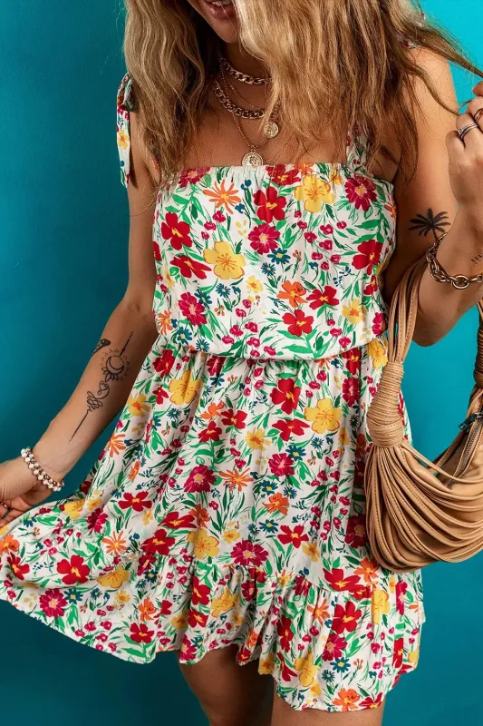 Floral Knotted Straps Cinched Waist Ruffle Hem Mini Dress sold by Gigi Laurent
