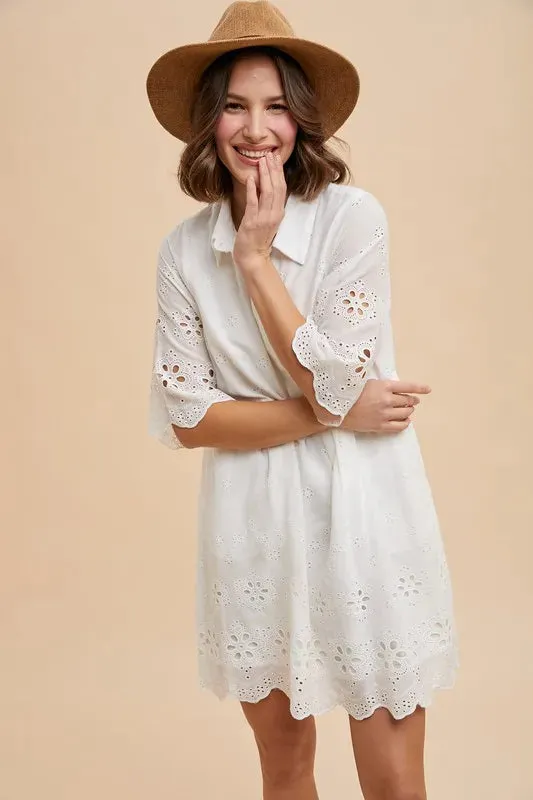 Annie Wear Embroidered Scallop Edge Detail Mini Shirt Dress sold by Gigi Laurent